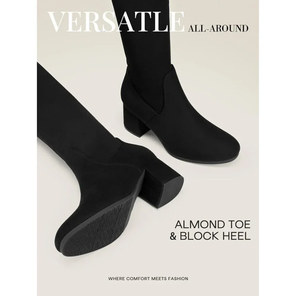 Women's Black Faux Leather Over The Knee Thigh High Chunky Heel Long Boots